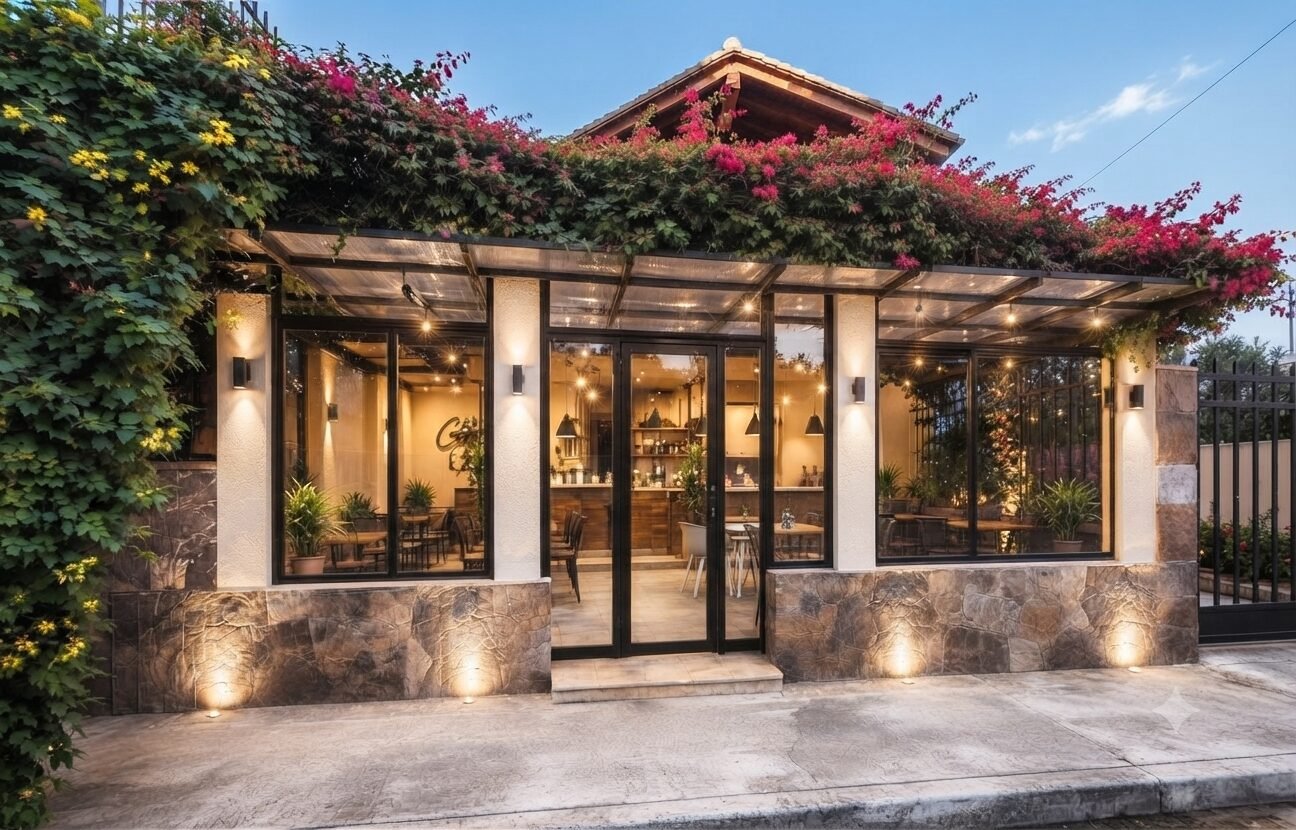 Fachada iluminada de una cafetería con vegetación y carpintería negra
