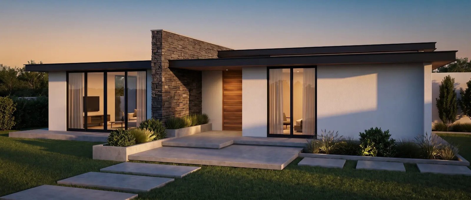 Vista exterior de la vivienda al anochecer con muro de piedra e iluminación cálida