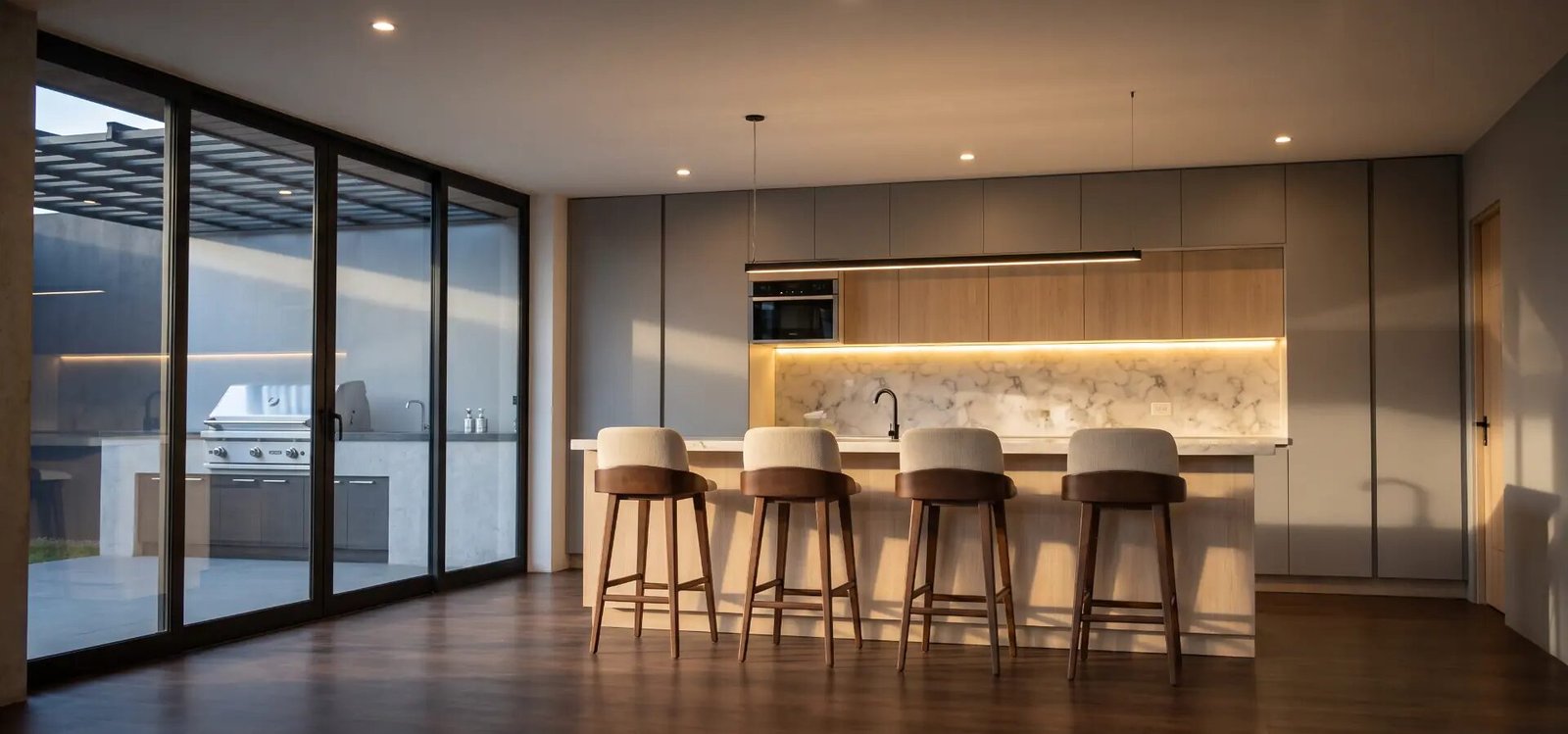 Cocina abierta con isla, muebles de madera y salida a la parrilla exterior