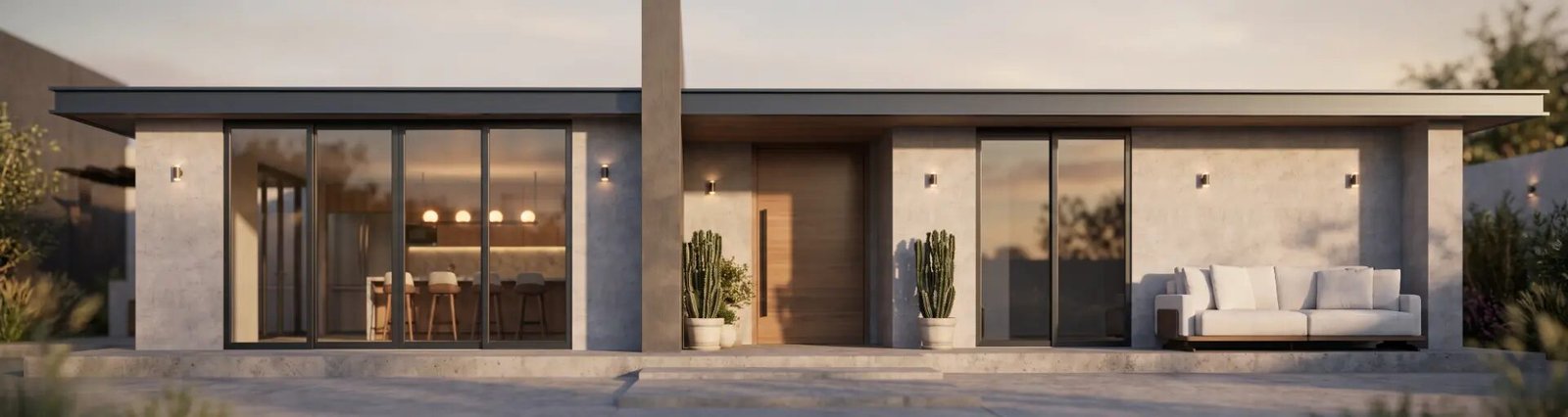 Fachada de la vivienda con galería cubierta y ventanales corredizos