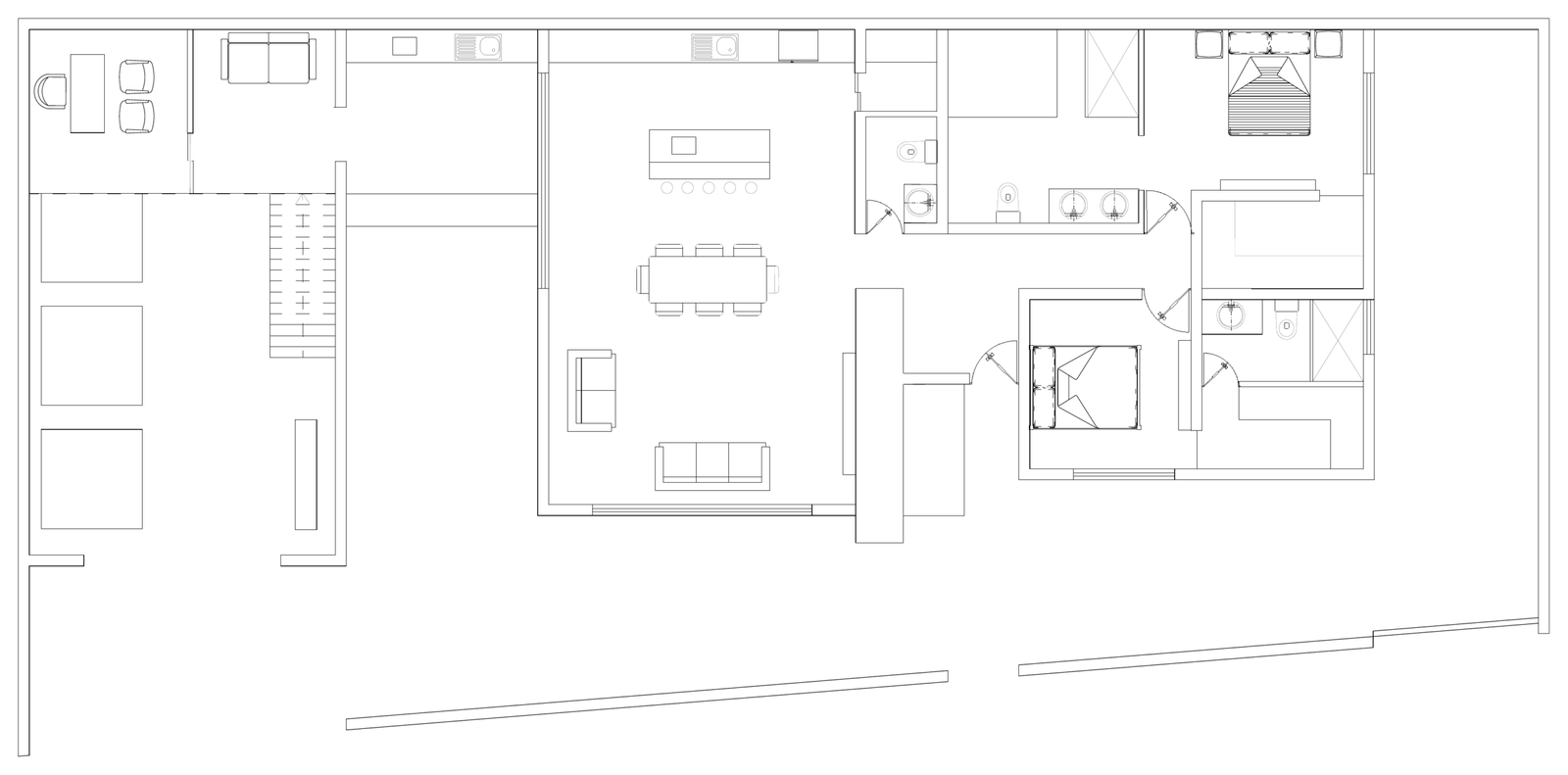 Planta arquitectónica de la vivienda con sala, comedor, cocina, dormitorios y garaje