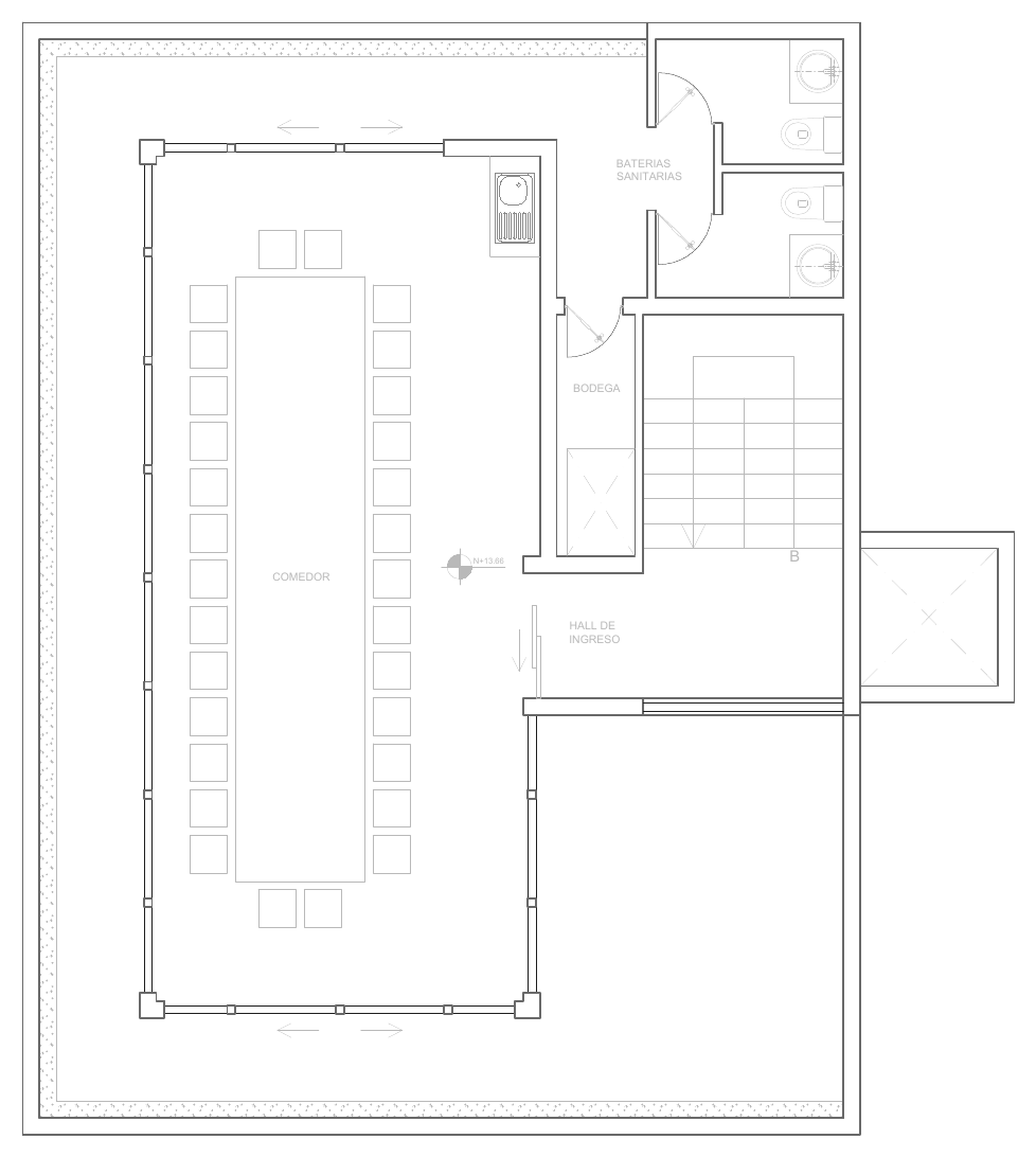 Planta arquitectónica de la terraza con distribución de áreas de trabajo y reunión