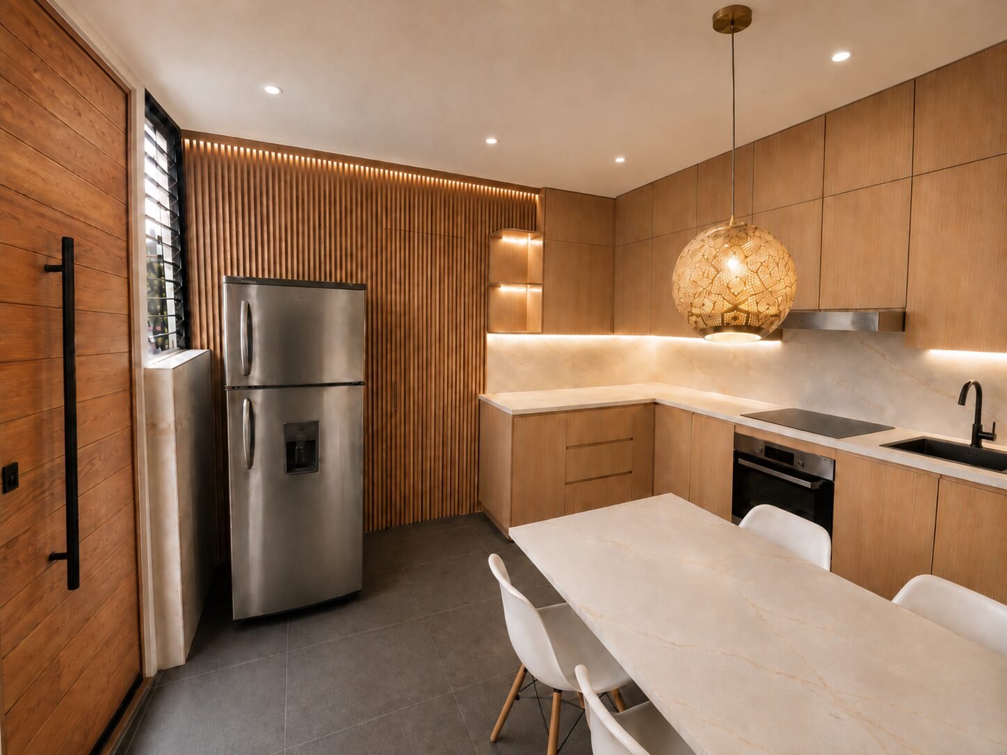 Cocina residencial remodelada con muebles de madera, mesón claro e iluminación indirecta