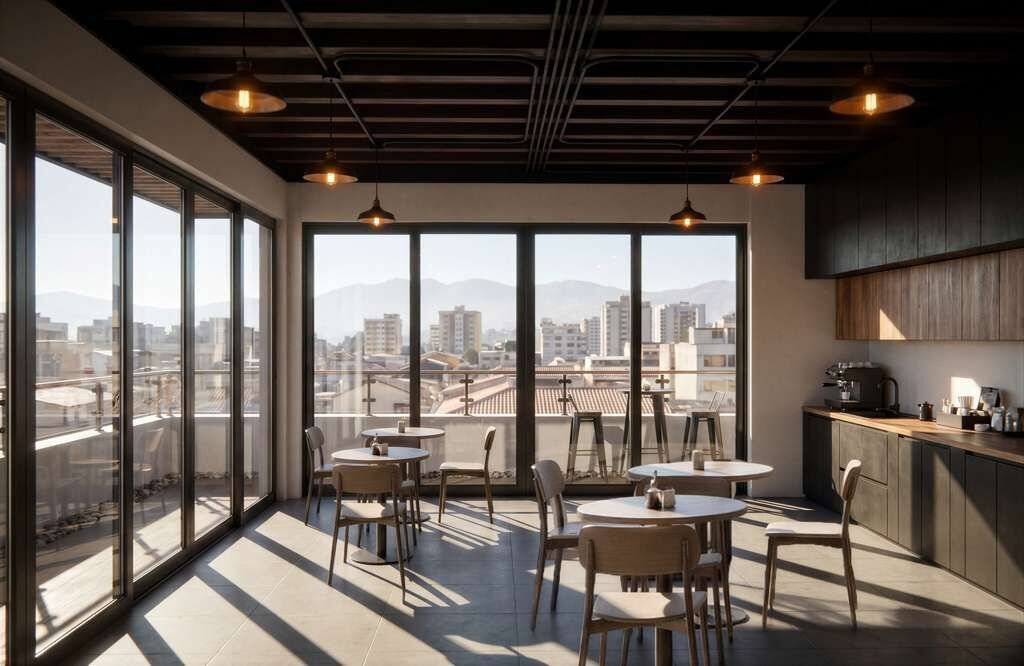 Interior de rooftop comercial con mesas, cafetería y ventanales hacia la ciudad